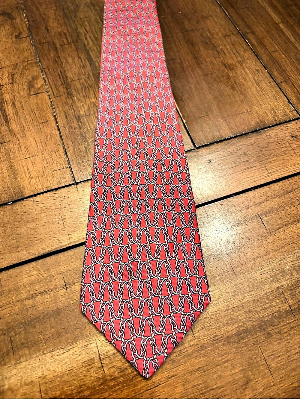Hermes Silk Animal Print Tie in Red & Blue Like New